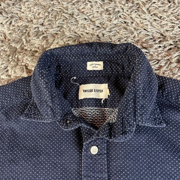 Taylor Stitch Shirt Mens 38 Blue Polka Dot Handmade Button Up Logo Outdoor USA - Picture 3 of 11